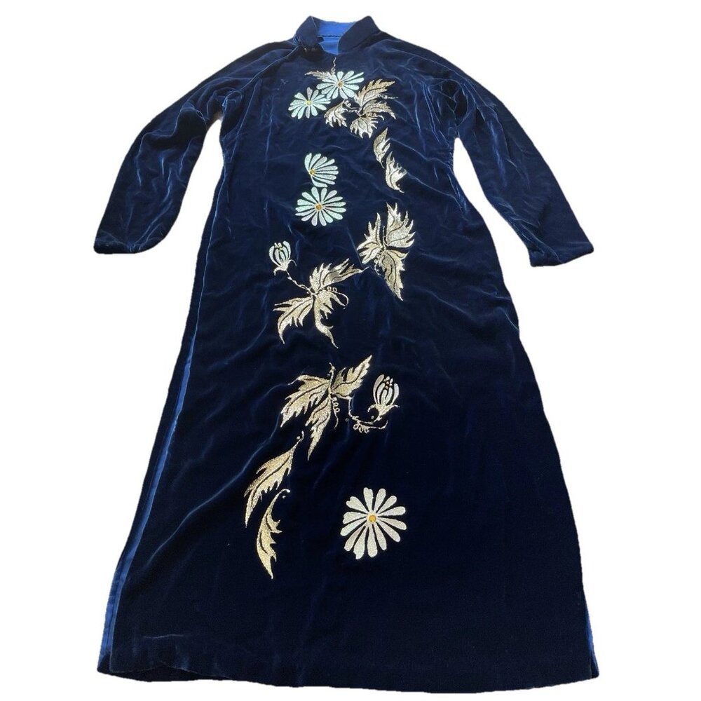 Vintage Cheongsam Long Dress Sz S Blue Velvet Asian Mandarin White Daisy Sparkle - Picture 10 of 13